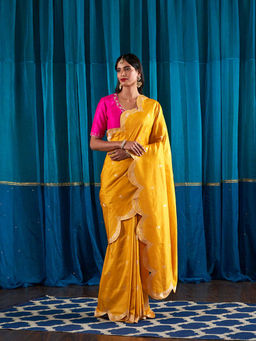 WeaverStory - Handwoven Mango Yellow Scalloped Border Saree With Pink Blouse With Unstitched Blouse