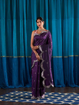 WeaverStory - Handwoven Purple Scalloped Border Saree With Red Blouse With Unstitched Blouse