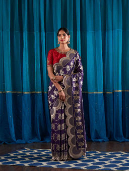 WeaverStory - Handwoven Purple Rose Flower Jaal Scalloped Border Saree With Unstitched Blouse
