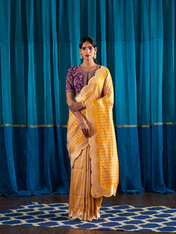 WeaverStory - Handwoven Mustard All Over Brocade Scalloped Border Saree With Unstitched Blouse