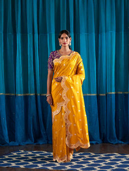 WeaverStory - Handwoven Mustard Scalloped Meenakari Border Saree With Unstitched Blouse