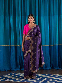 WeaverStory - Handwoven Purple Scalloped Meenakari Border Saree With Unstitched Blouse