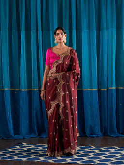 WeaverStory - Handwoven Maroon Black Scalloped Meenakari Border Saree With Unstitched Blouse