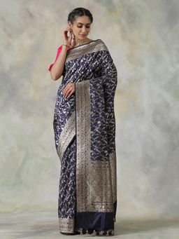 WeaverStory - Navy Blue Handloom Saree with Unstitched Blouse