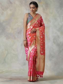 WeaverStory - Pink Handloom Saree with Unstitched Blouse