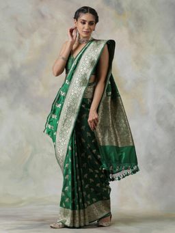 WeaverStory - Green Handloom Saree with Unstitched Blouse
