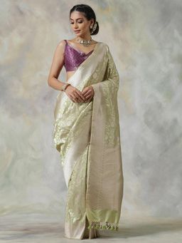 WeaverStory - Green Handloom Saree with Unstitched Blouse