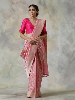 WeaverStory - Pink Handloom Saree with Unstitched Blouse