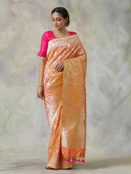 WeaverStory - Orange Handloom Saree with Unstitched Blouse