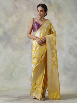 WeaverStory - Yellow Handloom Saree with Unstitched Blouse