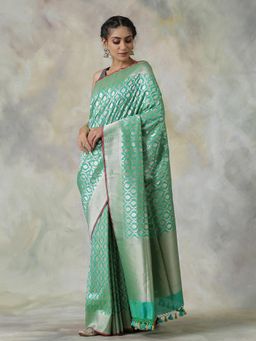 WeaverStory - Green Handloom Saree with Unstitched Blouse