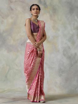 WeaverStory - Pink Handloom Saree with Unstitched Blouse