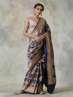 WeaverStory - Blue Handloom Saree with Unstitched Blouse