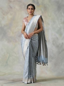 WeaverStory - Blue Handloom Saree with Unstitched Blouse