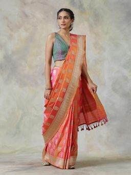 WeaverStory - Pink Handloom Saree with Unstitched Blouse