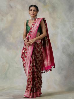 WeaverStory - Maroon Handloom Saree with Unstitched Blouse