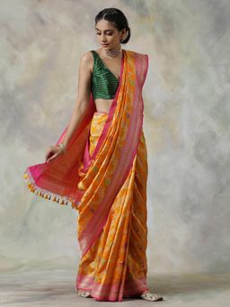 WeaverStory - Orange Handloom Saree with Unstitched Blouse