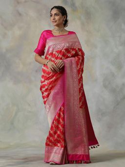 WeaverStory - Red Handloom Saree with Unstitched Blouse
