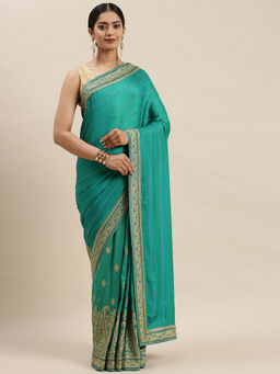 Soch - Green Embroidered Sarees with Unstitched Blouse