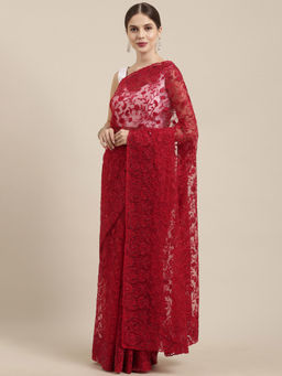 Soch - Red Net Woven Design Saree with Unstitched Blouse