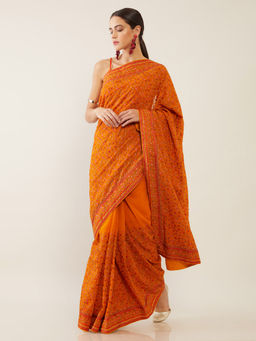 Soch - Embroidered Mustard Saree with Unstitched Blouse