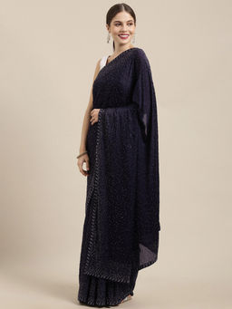 Soch - Navy Blue Pure Crepe Embellished Saree with Unstitched Blouse