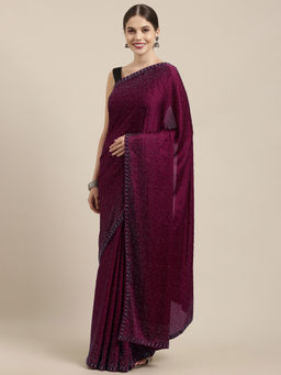 Soch - Burgundy Pure Crepe Embellished Saree with Unstitched Blouse