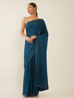 Soch - Embellished Teal Saree with Unstitched Blouse