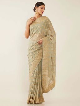 Soch - Grey Poly Georgette Embroidered Saree with Unstitched Blouse