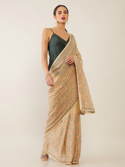 Soch - Embroidered Beige Saree with Unstitched Blouse