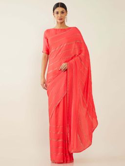 Soch - Pink Poly Crepe Embroidered Saree with Unstitched Blouse