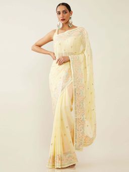 Soch - Yellow Poly Georgette Embroidered Saree with Unstitched Blouse
