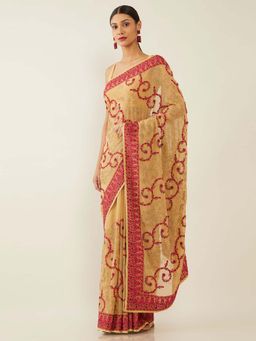 Soch - Beige Poly Georgette Embroidered Saree with Unstitched Blouse