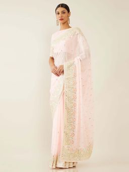 Soch - Pink Poly Georgette Embroidered Saree with Unstitched Blouse