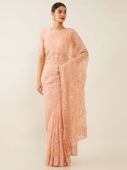 Soch - Peach Poly Chiffon Embroidered Saree with Unstitched Blouse