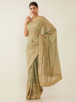 Soch - Green Poly Georgette Embroidered Saree with Unstitched Blouse