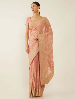 Soch - Peach Poly Georgette Embroidered Saree with Unstitched Blouse