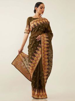 Soch - Green Organza Embroidered Saree with Unstitched Blouse
