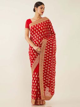 Soch - Red Poly Chiffon Embroidered Saree with Unstitched Blouse