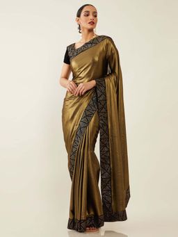 Soch - Gold Poly Georgette Solid Saree with Unstitched Blouse