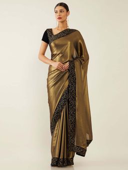 Soch - Gold Poly Georgette Solid Saree with Unstitched Blouse