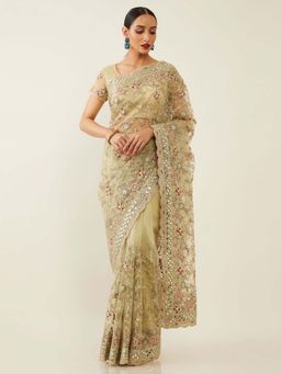 Soch - Green Net Embroidered Saree with Unstitched Blouse