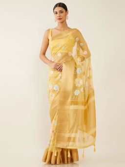 Soch - Mustard Organza Woven Design Saree with Unstitched Blouse
