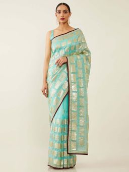 Soch - Blue Organza Embroidered Saree with Unstitched Blouse