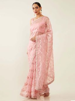 Soch - Pink Organza Embroidered Saree with Unstitched Blouse