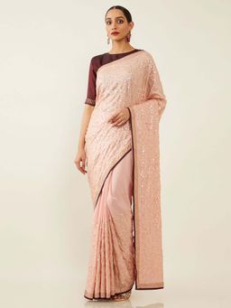 Soch - Coral Poly Georgette Embroidered Saree with Unstitched Blouse
