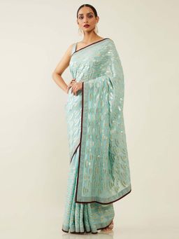 Soch - Blue Poly Georgette Embroidered Saree with Unstitched Blouse
