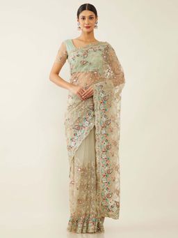 Soch - Green Net Embroidered Saree with Unstitched Blouse