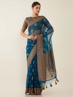 Soch - Blue Organza Woven Design Saree with Unstitched Blouse