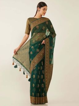 Soch - Green Organza Woven Design Saree with Unstitched Blouse
